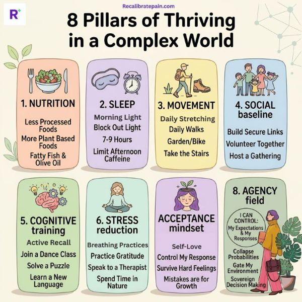 8 Pillars of Thriving in a Complex World diagram by Tristan Siokos