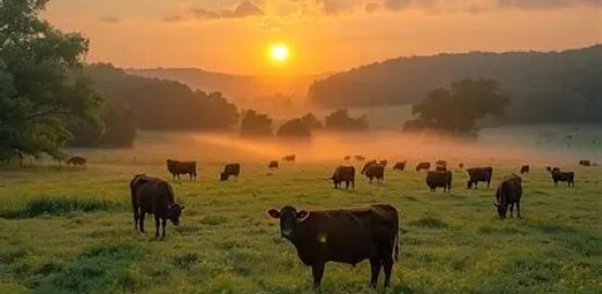 grass fed cattle at sunrise
