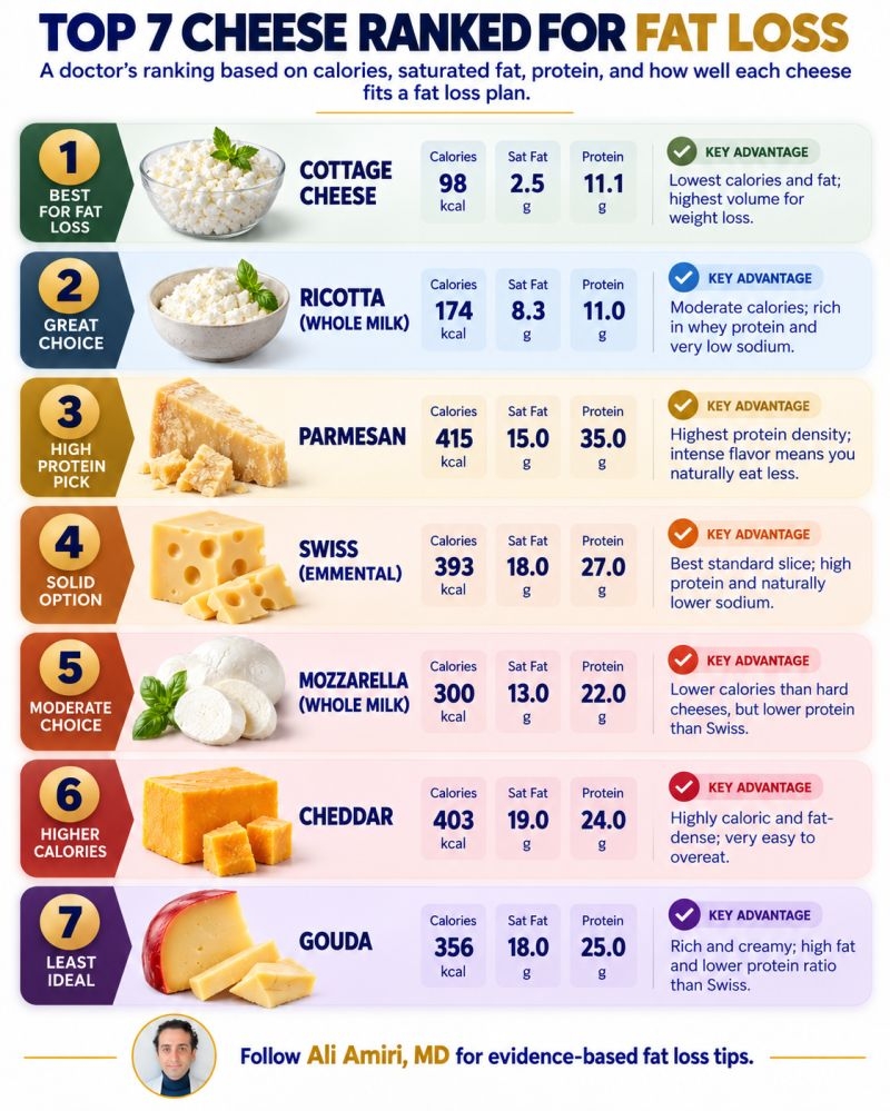 Top 7 Cheese Ranked for Fat Loss diagram by Ali Amiri, MD